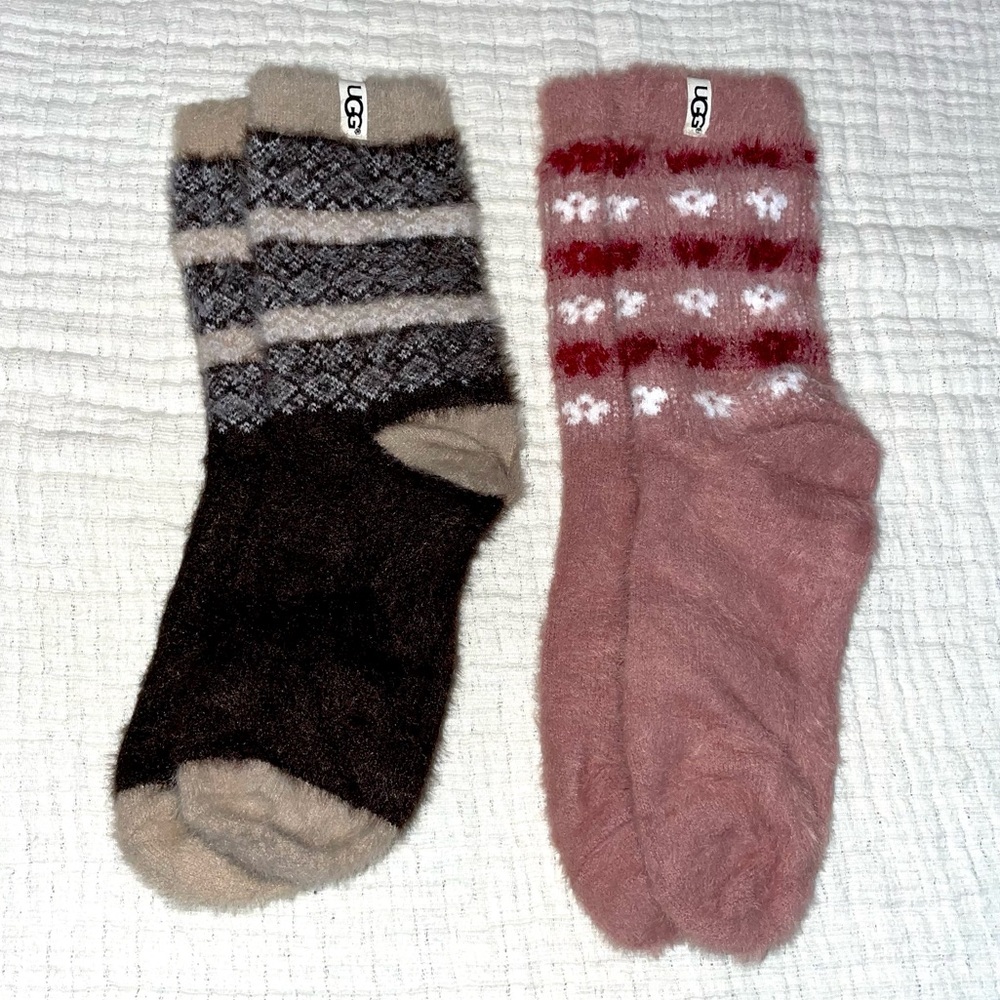UGG Fuzzy Crew Socks Women’s Medium Brown  Red Floral & Nordic 2 Pair Soft NEW